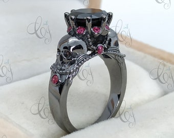 2.00 Ct Black Onyx Solitaire Skull Engagement Ring In 925 Sterling Silver, Two Skull Ring, Gothic Skull Ring, Black Skull Anniversary Ring