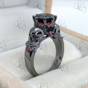 2.00 Ct Black Onyx Solitaire Skull Bague de Fiançailles En Argent Sterling 925, Bague à Deux Crânes, Bague Crâne Gothique, Bague Anniversaire Crâne Noir