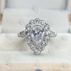 Anel de noivado antigo de diamante em formato de pêra de 2,30 quilates em prata 935 Argentium, anel de noivado em formato de pêra estilo vintage Art Déco feminino