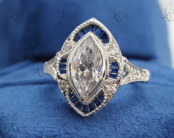 Marquise Cut & Sapphire Target Ring Art Deco Vintage Engagement Ring Marquise Bezel Set Diamond Ring Estate Rings For Women Milgrain Ring