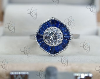 Antik 1,70 ct rundslipad diamant och safir förlovningsring i 935 argentium silver, antik förlovningsring, moissanit halo-ring