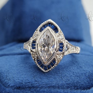 Marquise Cut & Sapphire Target Ring Art Deco Vintage Engagement Ring Marquise Bezel Set Diamond Ring Estate Rings For Women Milgrain Ring