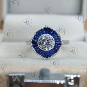 Antieke 1.70 Ct Ronde Geslepen Diamant & Saffier Bruiloft Verlovingsring In 935 Argentium Zilver, Antieke Verlovingsring, Moissanite Halo Ring