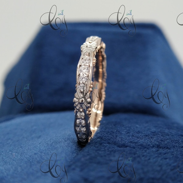 Antique Flower Art Deco Diamond Wedding Band Ring Two Tone Band Stacking Band Vintage Band Eternity Band Antique Band Anniversary Ring Gifts