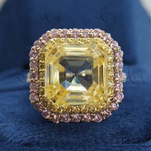 30 CT Yellow Asscher Halo Cocktail Ring Party In 925 Sterling Silver Pink & Yellow Accents Diamond Ring, Wedding Engagement Ring For Women