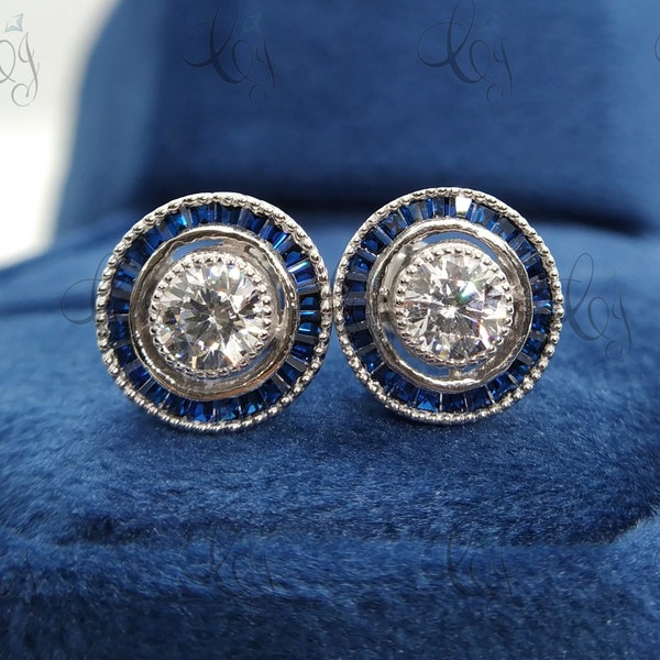 Antique Art Deco Earrings 2.00 Cts Round Diamond & Sapphire Diamond Stud Earrings Vintage Earrings Antique Stud Earrings Halo Bezel Earrings