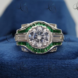 Art Deco 2.30 Carat Diamond and Calibre Emerald Wedding Engagement Ring In 925 Sterling Silver, Moissanite Vintage Ring, Antique Womens Ring