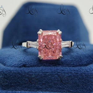 Three Stone Engagement Ring, 3 Ct Radiant Cut Sapphire Ring, Sterling Silver Wedding Ring, Pink Sapphire Ring, Three Stone Radiant Cut Ring