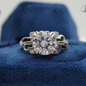 Art Nouveau Vintage Diamond Ring, Vintage 2 CT Round Cut White Moissanite Engagement Ring In 925 Sterling Silver Emerald & Onyx Diamond Ring
