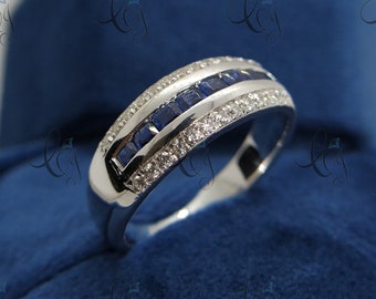 Men&#39;s 3.60 ct.tw Princess Cut Blue Sapphire and Round Cut Diamond Wedding Band Engagement Ring Gift For Him - Unique Mens Anniversary Ring