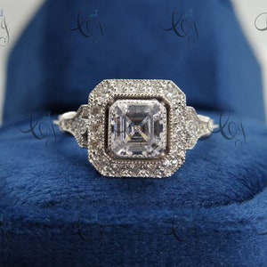Vintage Art Deco 2.10 Carat Asscher Cut Diamond Antique Engagement Wedding Ring In 925 Sterling Silver Halo Diamond Ring Estate Ring For Her