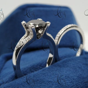 Vintage 2.20 Carat Black Round Cut Onyx Diamond Wedding Engagement Ring Set In 925 Sterling Silver Rings for women, Antique Wedding Ring Set