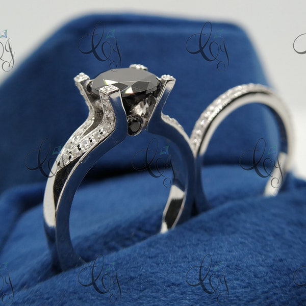 Vintage 2.20 Carat Black Round Cut Onyx Diamond Wedding Engagement Ring Set In 925 Sterling Silver Rings for women, Antique Wedding Ring Set
