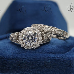Vintage Engagement Bridal Set 2 Ct White Round Cut Diamond Wedding Ring Set, Moissanite Ring, Art Deco Ring Set, Antique Halo Ring For Her