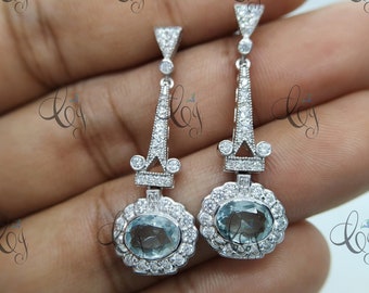 Vintage Filigree Bridal Earrings Silver and Aquamarine Drop Bridal Earrings, Art Deco Dangle Bridal Earrings, Antique Drop Bridal Earrings