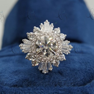 Star Burst Halo Round Moissanite Diamond Engagement Ring For Her, SunBurst Round & Baguette Wedding Ring Sterling Silver Anniversary Gifts