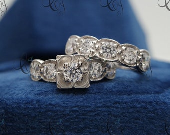 Vintage Engagement Ring Set 0.95 ct Diamond Vintage Wedding Set Moissanite Diamond Wedding Ring Vintage Bridal Set Anniversary Ring Set Gift