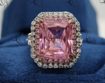 Untreated Radiant Pink Sapphire Engagement Ring with Two Tone Ring Double Diamond Halo Ring 4.60 Ct Pink Radiant Ring 925 Sterling Silver