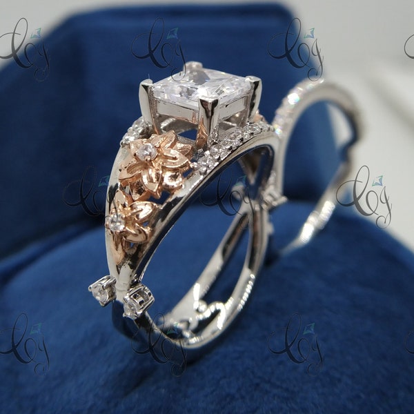 Delicate Princess Cut Diamond Ring Set, Two Tone Engagement Rings, 2.20 Carat Princess Flower Bridal Set, Natural Inspired Ring, Wedding Set
