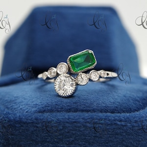 Vintage Toi Et Moi Ring, Emerald & Ruby Diamond Ring, Vintage Engagement Ring For Woman Two Stone Ring In 935 Argentium Silver Art Deco Ring