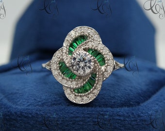 Vintage Art Deco 2.50 Carats Diamond & Green Emerald Antique Engagement Ring In 925 Sterling Silver For Women Wedding Flower Antique Ring