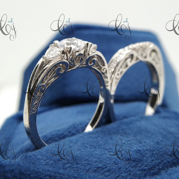 Vintage Moissanite Engagement Ring Set Sterling Silver Round Cut Moissanite Bridal Set Art Deco Three Stone Moissanite Wedding Ring Set
