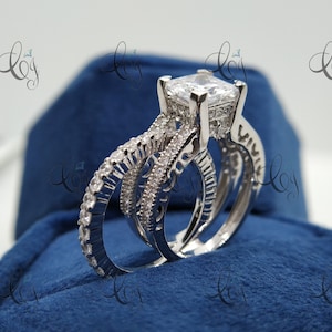 2.00 Carat Princess Cut Diamond Engagement Wedding Ring Set In Solid 925 Sterling Silver Enhancer Band Ring, Bridal Set Gift For Women