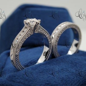 Vintage 1.50 Carat Round Brilliant White Moissanite Art Deco Engagement Ring Set 925 Sterling Silver, Vintage Matching Stacking Ring Set