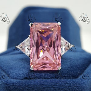 30 CT Pink Radiant Solitaire Cocktail Ring Party Wear Ring In 925 Sterling Silver, Side Trilliant, Engagement Ring, Anniversary Gift For Her