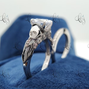 2.10CT Round Cut Moissanite Skull Engagement Ring With Matching Wedding Band Set In 925 Sterling Silver Ring For Women Gothic Two Skull Ring