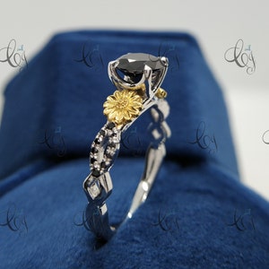2.05 Ct Round Black Onyx Diamond Sunflower Engagement Ring Sunflower Ring for Women Unique Flower Ring / Two Tone Ring / Black Diamond Ring