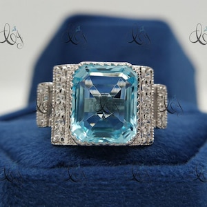 Anillo de compromiso Art Déco de aguamarina de talla esmeralda de 15 quilates en plata de ley 925, anillo antiguo, anillo de diamantes con gema aguamarina, joyería Art Déco