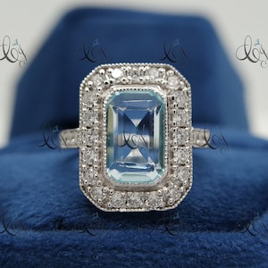4.50 Ct Emerald Cut Aquamarine Vintage Art Deco Engagement Ring In 925 Sterling Silver Aqua Bezel Ring Estate Art Deco Ring For Women