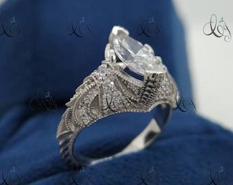 Anillo de compromiso Art Déco vintage con diamantes marquesa en plata maciza 925. Anillo de compromiso Art Déco vintage con filigrana y marquesa para mujer.