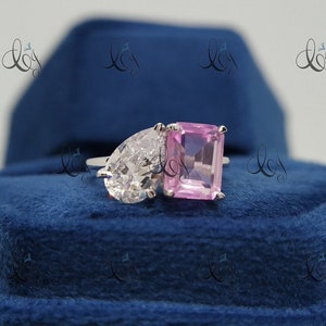 Toi Et Moi Ring, Pear And Emerald Ring, Pink Emerald Ring, Diamond Engagement Ring For Woman, Two Stone Ring, 925 Silver Ring, Promise Ring