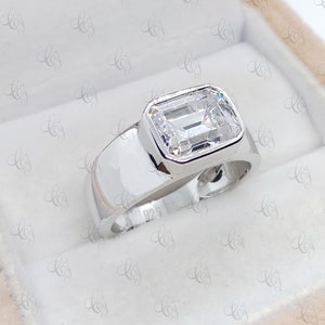 2.25 Ct White Emerald Cut Solitaire Men&#39;s Engagement Anniversary Ring In Solid 925 Sterling Silver - Bezel Set - Wedding Ring - Gift For Him