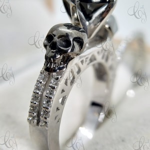 Black Diamond Skull Bridal Set, 2.00 Ct Round Cut Onyx Diamond Engagement Wedding Skull Ring Set in 935 Argentium Silver, Two Skull Ring Set