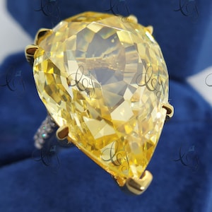 Large 80 CT Yellow Pear Solitaire Cocktail Party Ring In 925 Sterling Silver - Engagement Ring - Anniversary Gift For Her - Statement Ring