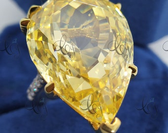 Large 80 CT Yellow Pear Solitaire Cocktail Party Ring In 925 Sterling Silver - Engagement Ring - Anniversary Gift For Her - Statement Ring