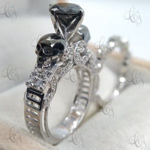 2.89Ct Round Cut Black Diamond Two Gothic Skull Wedding Engagement Bridal Set Band Ring, Vintage Skull Bridal Sets, Silver Weddings Ring Set