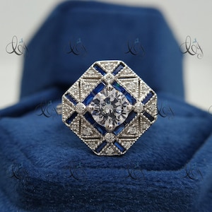 Vintage 2.30 Carat Round Cut Diamond & Sapphire Wedding Engagement Ring In 935 Argentium Silver, Art Deco Ring, Antique Engagement Ring