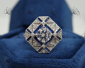 Vintage 2,30 karat rundslipad diamant och safir förlovningsring i 935 argentium silver, art déco-ring, antik förlovningsring