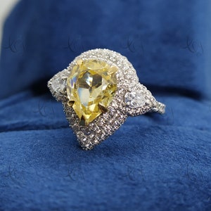 2.50 CT Canary Yellow Pear Shaped Diamond Halo Engagement Ring, Pave Set Wedding Ring, Sterling Silver, Anniversary Gifts For Her, Bridal