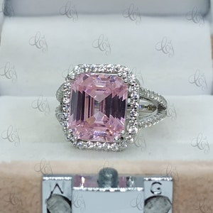 Beautiful 5.00 CT Pink Emerald Cut Solitaire Engagement Ring In 925 Sterling Silver For Women Split Shank Ring Halo Ring Promise Ring