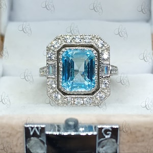 Antique Art Deco Style 3.60 CT Emerald Cut Aquamarine Engagement Ring In 925 Sterling Silver Vintage Reproduction Ring Antique Style Ring