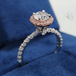 2.0 Ct Round Moissanite Engagement Ring Two Tone Ring Dainty Moissanite Wedding Ring Pink Diamond Halo Engagement Ring Sterling Silver Ring