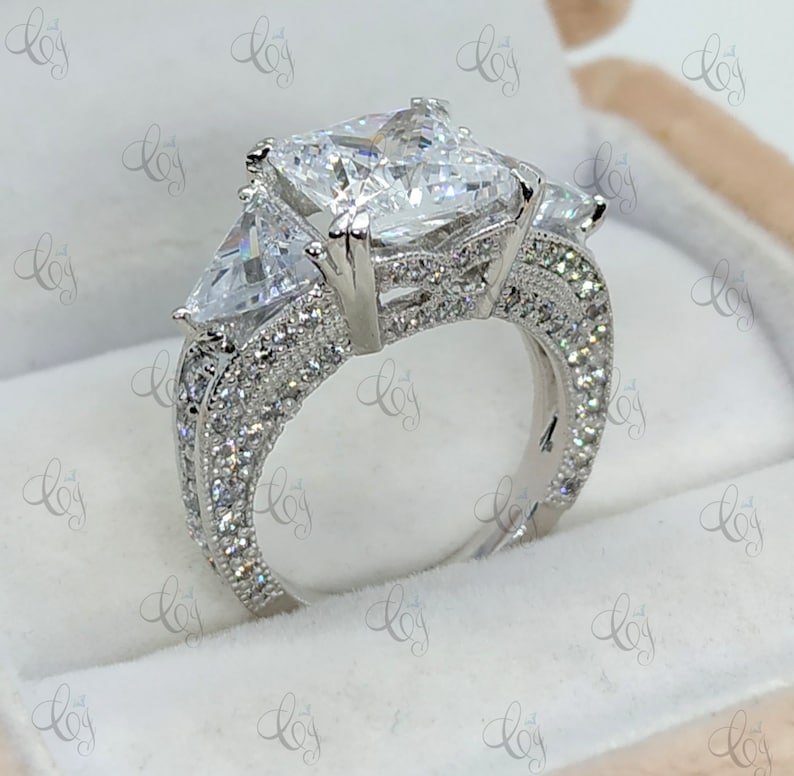 Vintage Art Deco Style 3.65 Ct Princess Cut Engagement Ring In 925 Sterling Silver Antique Style Ring Vintage Style Ring Three Stone Ring