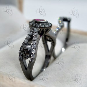 Marquise Ruby Diamond Vintage Skull Engagement Ring, Halo Wedding Bridal Set, Bezel Diamond Two Skull Ring, Black Gothic Skull Ring For Her