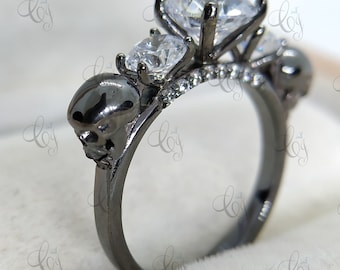 Unique Gothic Skull Ring, 1.80 Ct White Round Cut Moissanite Engagement Ring, Two Skull Ring, Diamond Gothic Ring, Three Stone Skull Ring