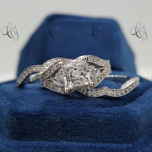 2 CT Princess Cut Moissanite Wedding Ring Set Art Deco Trio Set Wedding Band Anniversary Ring Set 925 Sterling Silver Anniversary Gift